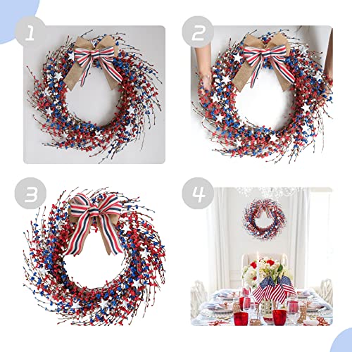 Idyllic 18 Inch Patriotic Red White Blue Berries Leaves Wreath For Front Door, Memorial Day Burlap Bow Wreath For Home Decor, Independence Day Forth Of July Wreath For Indoor And Outdoor #TOP3