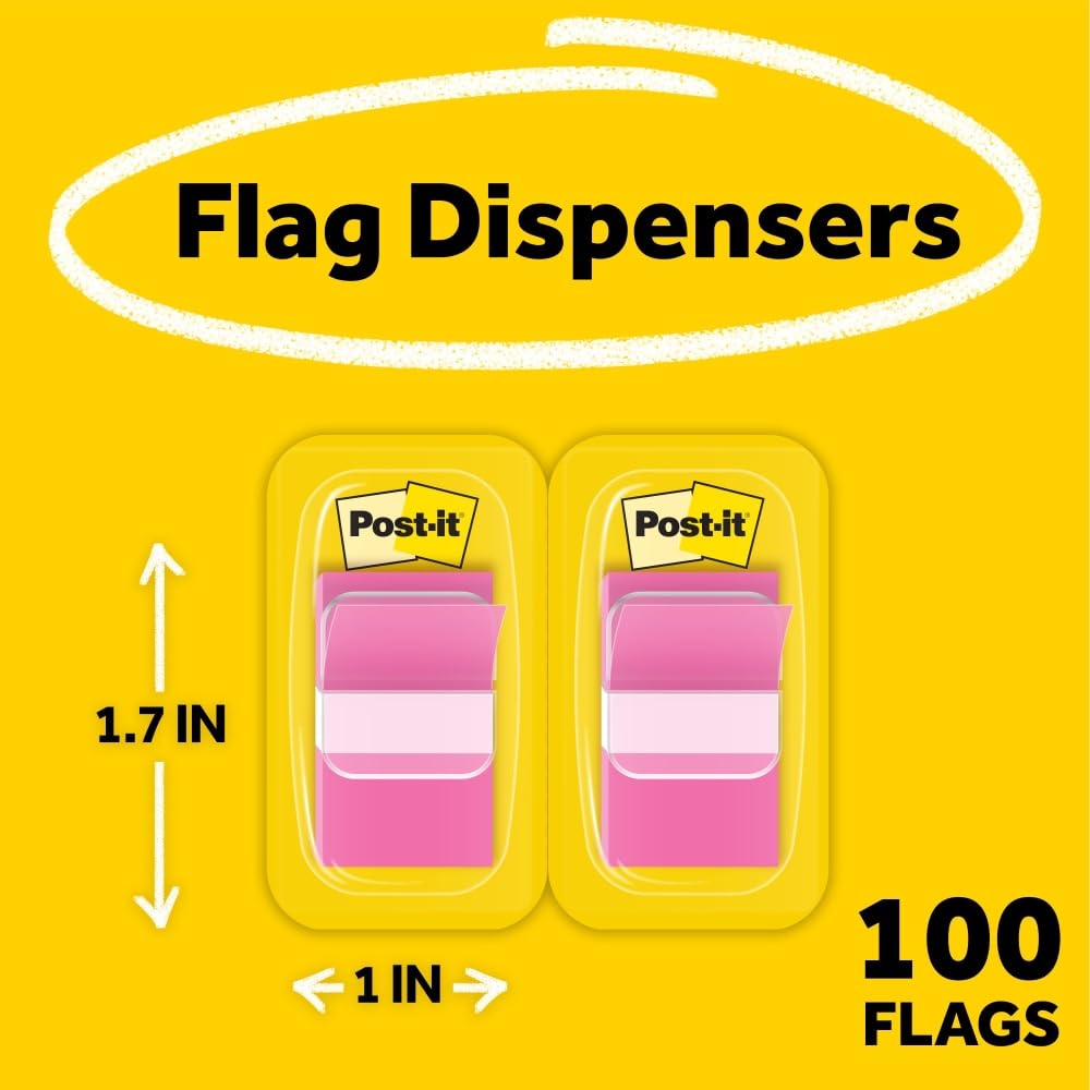 Post-it Flaggen, 2,5 cm, ideal zum Markieren und Markieren von Papierdokumenten, Hellrosa, 50 Stück pro Spender, zwei Spender pro Packung