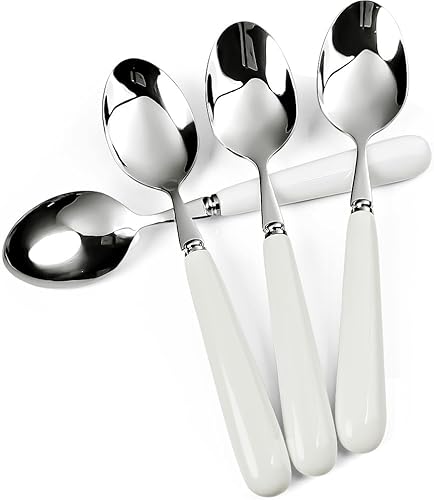 MEIYAHOME Cuchara de cena fina de 7.9 in y 8 pulgadas con borde redondo, mango de cerámica blanca de acero inoxidable 18-10, cucharas de sopa,