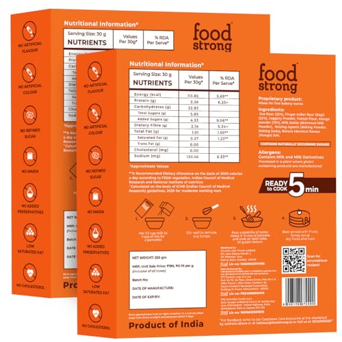 Image of foodstrong Oats And Millets Mango Pancake Mix | High Protein & Fibre | No Maida, Refined Sugar - Made With Jaggery | Eggless Instant Breakfast Mix | 250 Gram X Pack Of 2