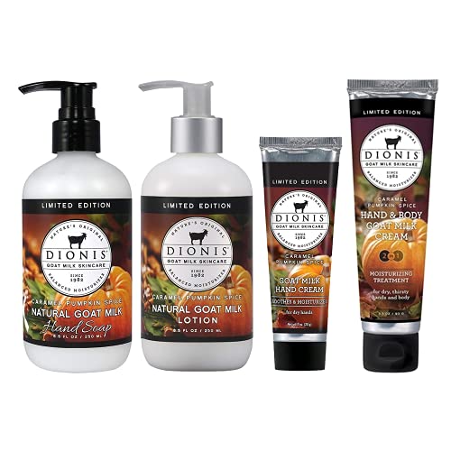 Dionis - Goat Milk Skincare Caramel Pumpkin Spice Gift Set - Includes Hand Cream (1oz), Hand & Body Cream(3.3 oz), Lotio
