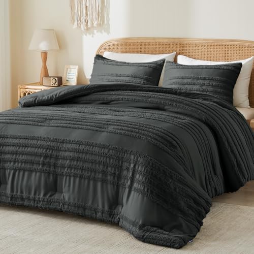 Image of BEDELITE Boho King Size Comforter Set - Dark Grey Tufted Striped Bed Set 3 Pieces, Soft Vintage Farmhouse Comforter for All Seasons, Boho Home Decor,Fluffy Jacquard Bedding with Pillow Sham