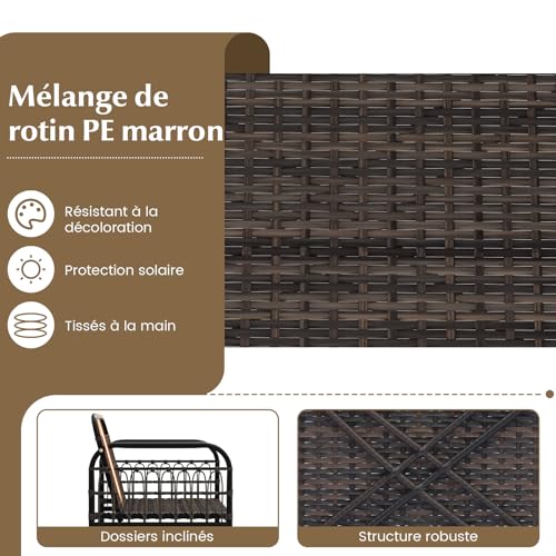 GYMAX Ensemble de Salons de Jardin 2 Personnes, 2 Chaises en Rotin avec 1Table Basse en Verre, Accoudoir, Coussin Résistant à l'eau, pour Extérieur Pelouse, Terrasse, Jardin, Balcon – Image 5
