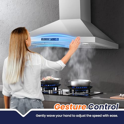 Image of Wall Mount Range Hood 30 inch, 800 CFM Kitchen Hood Stainless Steel Stove Vent Hood with Gesture Sensing & Touch Control, Ducted /Ductless Convertible Duct, 3-Speed Fan, LED Lights, Baffle Filters