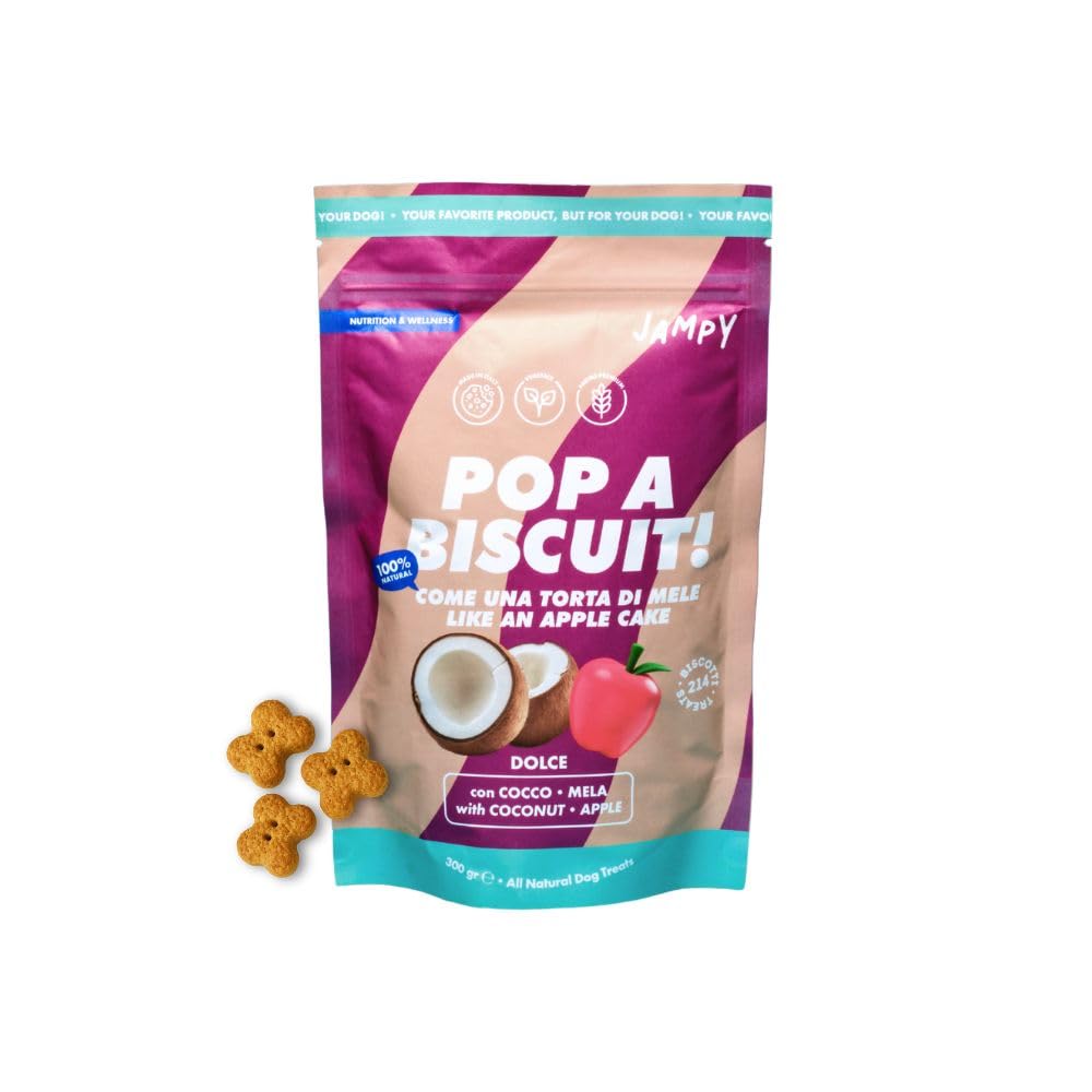 Jampy Biscotti per Cani Naturali Ipocalorici 5.5kcal. Snack Vegetali con Mela Yogurt Cocco. Premietti Digeribili Senza Additivi. Per Tutte le Taglie - 300g