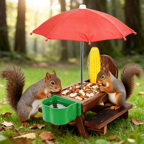 Vigormar Squirrel Feeders for Outside Squirrel Picnic Table with Water Bowl Corn Cob Holder and Umbrella Squirrel Feeder with Ground Stake for Garden Yard and Outdoor(Dark Brown)