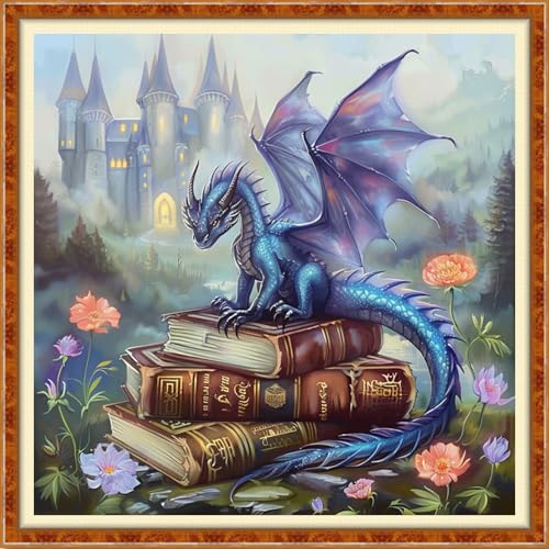 Image of Findvoor Stamped Cross Stitch Kits for Beginner Embroidery Kits for Beginners Adults DIY 11CT Cross Stitch Patterns Needlepoint Kits Crossstitching Kits-Castle Dragon Book 18x18 inch