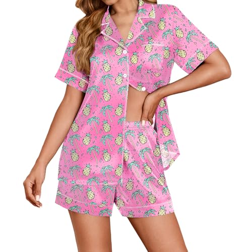 Image of Ekouaer Womens Satin Silk 2 Piece Pajamas Set Short Sleeve Sleepwear | Button Down Top and Shorts Loungewear Set for Sleep, Home, Wedding, Travel, Party, Daily Wear & Great for Sharing