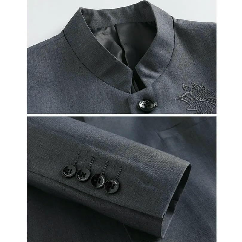 Men’s Zhongshan Suit Jacket Mandarin Collar Blazer Dragon Embroidery Slim Fit Stand Collar Button Chinese Tunic Suit3