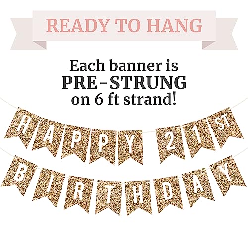 Image of Pre-Strung Happy 21st Birthday Banner - Gold Glitter Birthday Banner | No DIY - Gold Glitter 21st Party Decorations for Men & Women - Pre-Strung on 6 ft Strands - Bday Party Decorations & Decor