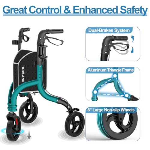 Image of HOMLAND 3 Wheel Walkers for Seniors, Foldable Wheeled Rollator with Cane Hold and Cup Hold, Lightweight Three Wheel Rolling Walker Height Adjustable for Seniors
