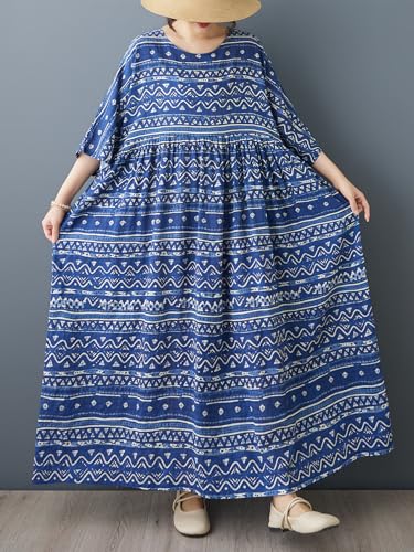 Image of Women Plus Size Dresses Summer Vintage Print O Neck Oversized Boho Vacation Casual Robe with Side Pockets