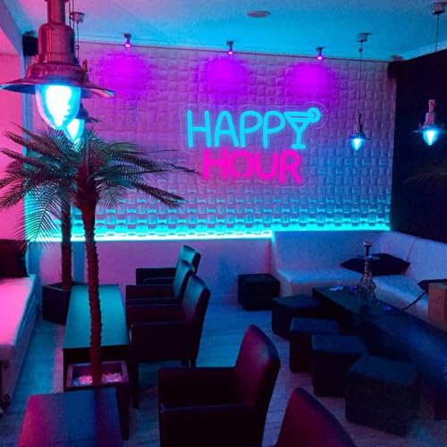 Image of Happy Hour Neon Sign, Art Letter Shape Led Neon Light for Wall Decoration Blue and Pink USB Outdoor Dimmable Ambient Neon Light Signs for Birthday Party, Family Gatherings, Bar Celebration