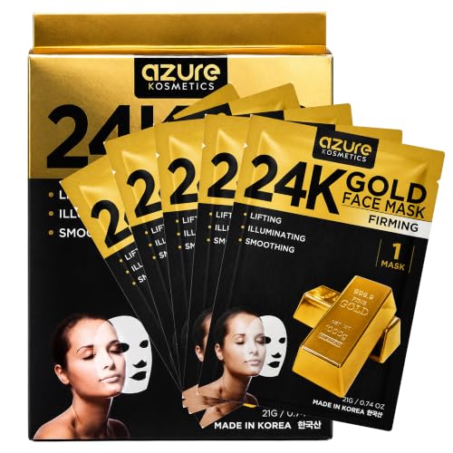 Azure Cosmetics 24K Gold Firming Face Mask- Anti Aging, Hydrating, Toning & Firming Facial Mask - Helps Reduce Wrinkles & Fine Lines with Hyaluronic Acid & Collagen - Made in Korea - Pack of 5