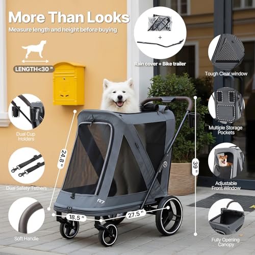 Image of Beberoad Dog Stroller for Large Dogs, 2-in-1 Pet Stroller & Dog Bike Trailer, R7 All-Terrain ER Tires with Shock Absorption, One-Hand Fold, 360 Mesh Ventilation, Waterproof Removable Fabric