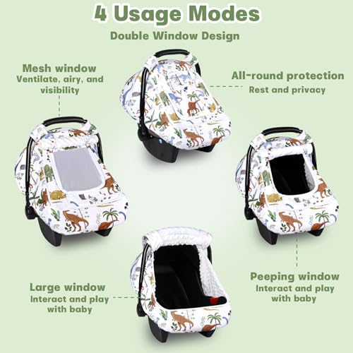 Image of Hooyax Baby Car Seat Cover with Dual Zipper, Extra Large Mesh Window Carseat Canopy, All-Season Weather Protection for Infant Car Seats & Strollers (Dinosaur)