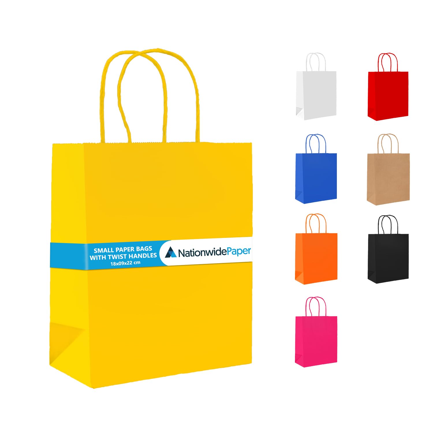 Nationwide Paper 25 Small Yellow Paper Bags, Kraft Party Bags, Gift bag DIY and Sweet bags with Strong Twisted Handles (18x9x22cm)