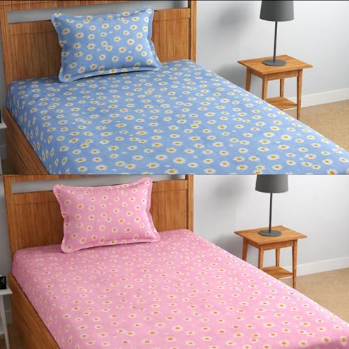 Image of Jashan 210 TC Glace Cotton Elegant Daisy Design Soft Cotton 2 Single Bedsheet Set 60x90 inch - Soft, Stylish & Skin-Friendly Single Bed Sheet Diwan Bedsheet - Pink /Blue