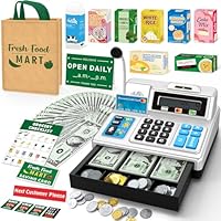 Calculator Cash Register Toy Gift for Kids Age 3, 4, 5, 6, 7, 8+ Year Old, 120 Pcs Grocery Store Playset with Toy Cash, Grocery Boxes, Microphone, Play Cash Register for Toddlers 4-8, Silvery