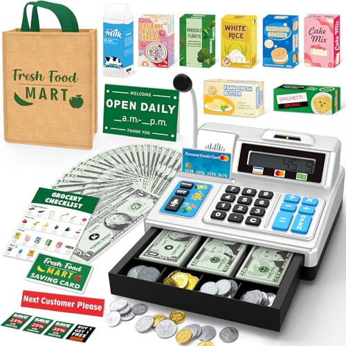 Calculator Cash Register Toy Gift for Kids Age 3 4 5 6 7 8+ Year Old 120 Pcs Grocery Store Playset with Toy Cash Grocery Boxes Microphone Play Cash Register for Toddlers 4-8 Silvery
