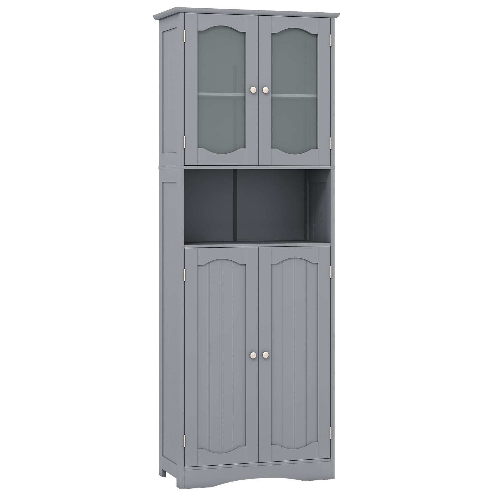 COSTWAY 164cm Tall Bathroom Cabinet, Freestanding Storage Cupboard with Tempered Glass Doors and Open/Adjustable Shelves, Wooden High Floor Storage Cabinet Unit for Living Room Kitchen Hallway (Grey)