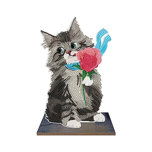 LUSandy Kit fai da te per pittura con diamanti 5D a forma di gatto con strass di cristallo a forma di gatto in legno, ornamento da scrivania per Capodanno, Natale, tavolo, ufficio, decorazione per la