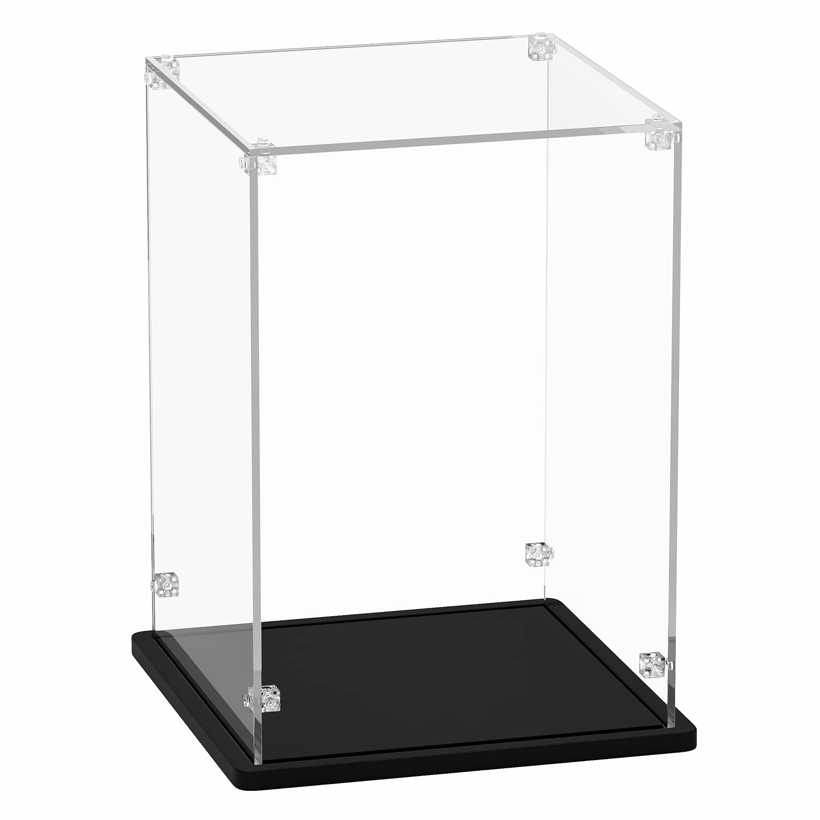 Gemutlich Acrylic Display Case 8x8x12 inch - 3mm Thick Acrylic Display Box with Black Wooden Base, Assemble Dustproof Showcase Clear Display Case for Collectibles Figures Lego Helmet Doll Toys Models