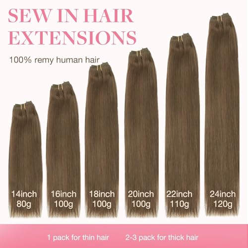 Image of GOO GOO Sew in Hair Extensions Real Human Hair, Weft Hair Extensions Human Hair, 5 Light Ash Brown 24inch 120g, Weft Bundles Straight Silky Remy Hair