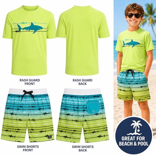 Image of Big Chill Boys Swim Set - 2 Piece Quick Dry UPF 50 Short Sleeve Rash Guard for Boys and Swim Trunks - Swimwear Set for Kids
