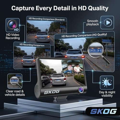 Image of SKOG 3 Channel Dash Cam for Car with Rear Camera, Full HD 1080P Front, Back & Cabin Recording, Night Vision, Wide Angle, Loop Recording, G-Sensor, Parking Mode, 4-Inch IPS Display
