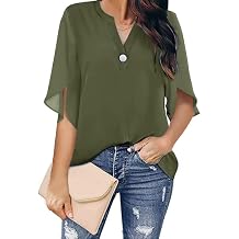 Women's Loose Casual Ruffle Short 1/2 Sleeve Blouse Shirts Dressy Summer Chiffon Blouses Button Down Tunic Tops