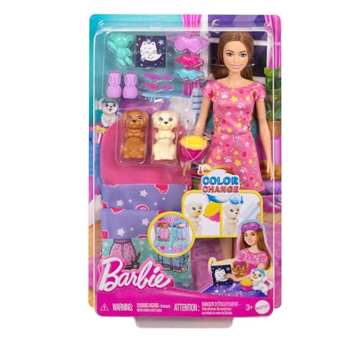 Barbie-Puppe und Spielset mit 2 Spielzeughunden und mehr als 10 Zubehörteilen, Welpen-Pyjama-Party mit Farbwechseleffekt, Schlafsack, Schlafmaske und mehr, HXN01