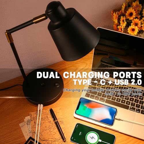 Image of Anxingtools LED Desk Lamp with Dual USB Charging Ports, 100% Metal, 270 Swivel Arms, Soft White Light (3000K), Bedside Reading Lamp, Home Office Lamp (Black)