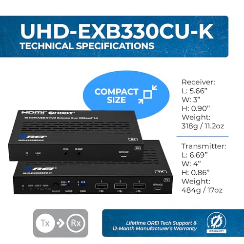 Image of OREI 4K KVM HDMI USB-C Extender Balun HDBaseT 3.0 UltraHD 4K @ 60Hz 4:4:4 Over Single CAT5e /6 /7 Cable with HDR, LAN, CEC, & IR Support, RS-232 Up to 330 Ft Audio Out - Power Over Cable