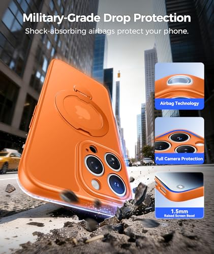 Image of FNTCASE for iPhone 14 Pro-Max Case: [360 Spin Magnetic Stand] [Compatible with Magsafe] [Screen Protector] Translucent Matte Military Grade Shockproof Full Camera Protective Phone Cover - Orange