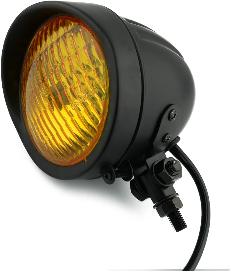 Boldness 4.75" Retro Vintage Motorcycle Black Headlight H4 Headlamp Lamp Yellow Glass Lens & Visor refit for Cruiser Bobber Chopper