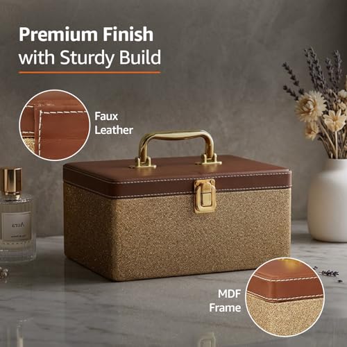 Image of Amazon Basics Bridal Vanity Box - Large Capacity Cosmetic Organizer for Women, Faux Leather & MDF Beauty Case for Makeup, Brushes, and Skincare - Stylish Travel & Home Storage, Golden