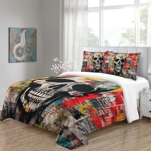 Housse de couette crâne 3D King parure de lit street art ado microfibre