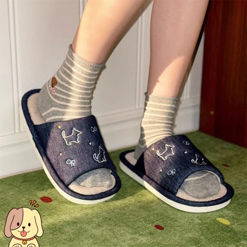 Cute Dog Summer Linen Slippers with Rubber Sole, Women's Memory Foam Open Toe Slide Slippers, Slip-on House Shoes4