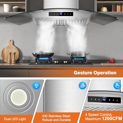 Image of 30 Inch Wall Mount Range Hood 1200CFM, 4-Speed Wall Mount Range Hood with Touch Control & Gesture Sensing Stainless Steel Kitchen Stove Vent Hoods with 2 LED Lights