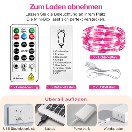 Image of 6 Pack Rechargeable Fairy Lights with Remote & DIY Timer, 7ft 20LED Dimmable Silver Wire String Light for Mason Jar, Mini Twinkle Lights for Indoor Christmas Bedroom Wedding Decor, Pink