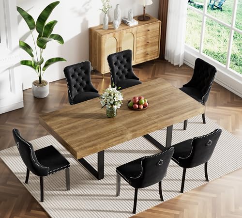 Image of Brown Dining Room Table Set for 6, 7-Piece 63 inch-78.74 inch Extendable Dining Table Set with 6 Upholstered Chairs, Rectangle Wooden Expanding Kitchen Table and Black Chairs Set