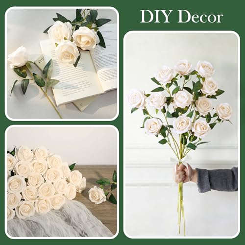 Image of INSPRING 50 PCS Champagne Roses Artificial Flowers with Long Stems | Real Looking, Fake Roses, Silk Flowers, DIY Bouquet, Wedding Party Celebration Home Bridal Decoration Gift, for Her Wife