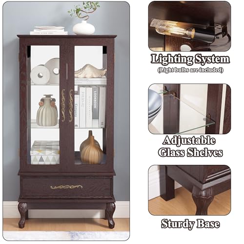 Image of 51 inch H Lighted Curio Cabinet Display Case, Glass Curio Cabinet with Adjustable Shelves,Tempered Glass Door and Drawer, Wooden Cabinets w /Mirrored Back Pane for Living Room (Dark Cherry)
