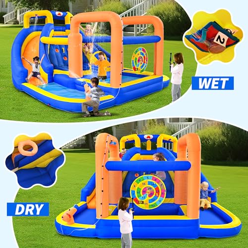 WELLFUNTIME Inflatable Water Double Slides Park with Blower, Inflatable Bounce House with Climbing Wall, Water Cannon, Archery Dartboard Game, Water Curtain Sprayer and Deep Pool