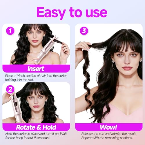 DYHOO Automatic Curling Iron, 4 Temp, 1.25" Rotating Curling Wand for Beach Waves &Loose Curls, Ionic Ceramic Barrel, Anti-Scald&Tangle, Dual Voltage, Pink — view 3