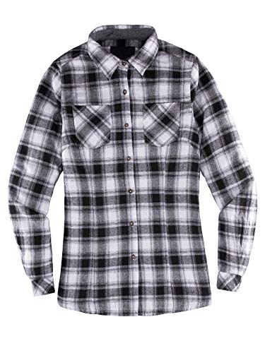 Womens Fleece Lined Flannel Shirt Jacket,Warm Button Down Plaid Flannel Shirts Grey/White S