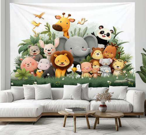 Tapiz de pared infantil verde de 200x150 cm con elefante y león para alegrar el dormitorio
