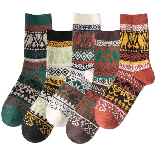 Image of IIG 5 Pairs Womens Pretty Vintage Wool Socks Unique Print Design Soft Cozy Warm Crew Socks Christmas Gift