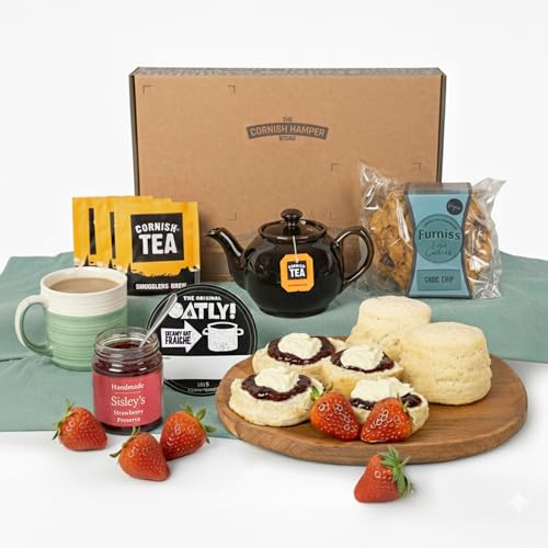 Vegan Cream Tea Hamper - Scones Jam Oatly Creme Fraiche Tea & Vegan Chocolate Chip Cookie | Vegan Gifts for Women and Men Luxury Cornish Hamper for Birthday Christmas Mothers Day